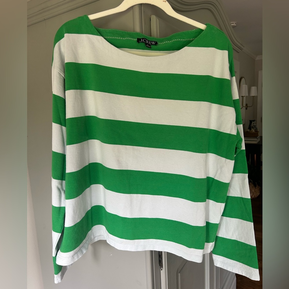 J. Crew Classic mariner cloth boatneck T-shirt in light blue/ green stripe XL